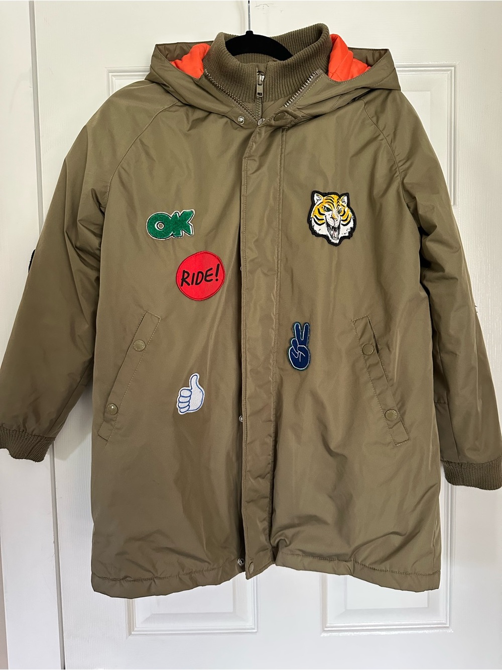 Like New Stella McCartney Kids Olive Green Hooded Patch Jacket Parka Size 14